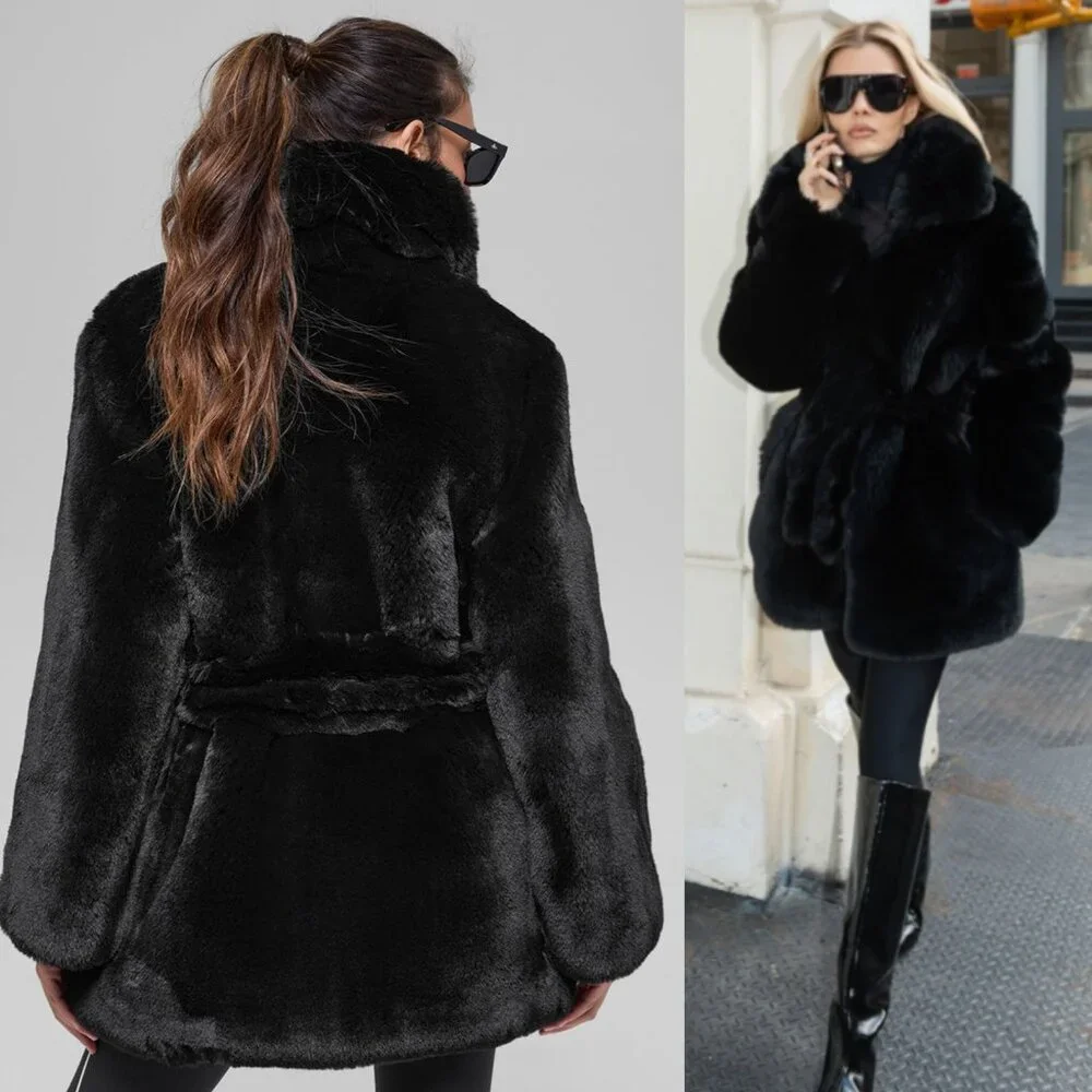 Alo‎ Yoga Starstruck Faux Fur Coat Black Belted Size S